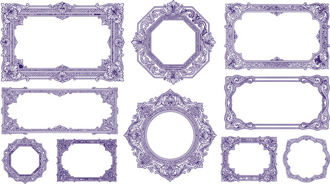 An intricate collection of ornate, decorative frames, showcasing a variety of elegant designs and styles, perfect for adding a touch of classic sophistication to any project.