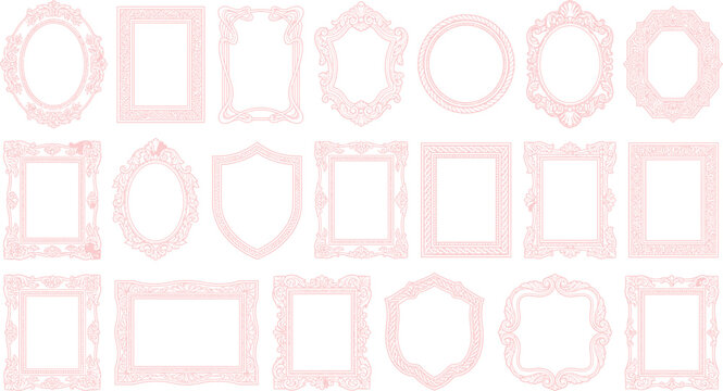 A collection of ornate, vintage-style picture frames in delicate pastel pink, featuring various decorative shapes and intricate designs, perfect for adding a touch of elegance to any memory.