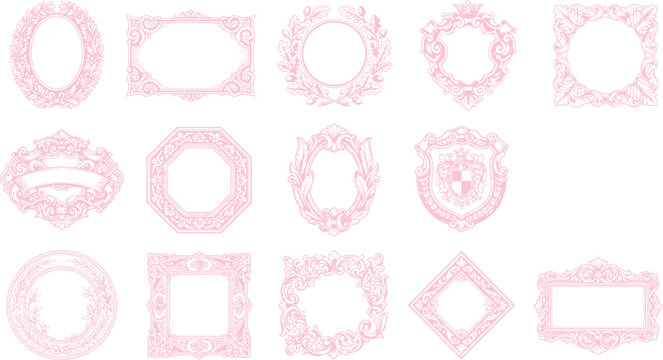 A collection of delicate pink ornamental frames and borders in various shapes and intricate floral designs, perfect for adding an elegant touch to any design.