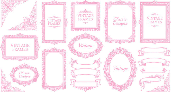 A collection of decorative vintage frames, ornate borders, and elegant ribbons in soft pink hues, perfect for adding a touch of classic charm and refined aesthetic to any design project.