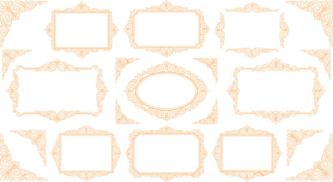 A collection of elegant vintage ornamental frame design elements, suitable for adding a touch of classic flair to invitations, certificates, or decorative projects.