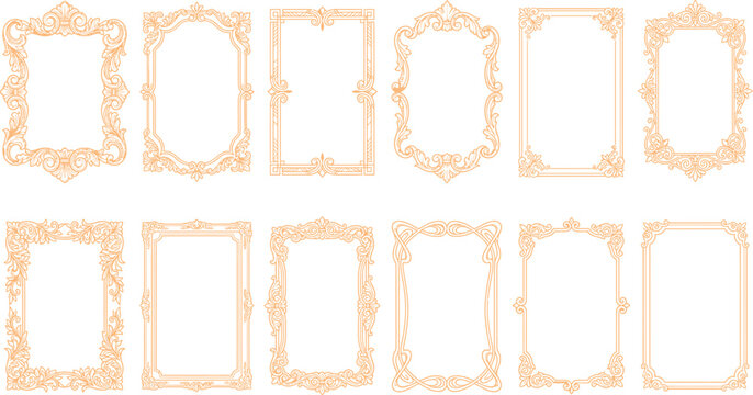 A collection of ornate vintage frames, featuring intricate floral and scrollwork designs in a delicate peach hue, offer elegant borders for creative projects and decorative displays.