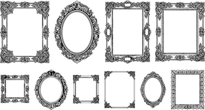 A collection of ornate, vintage-style picture frames, in various shapes and sizes, showcase intricate scrollwork and elegant designs.