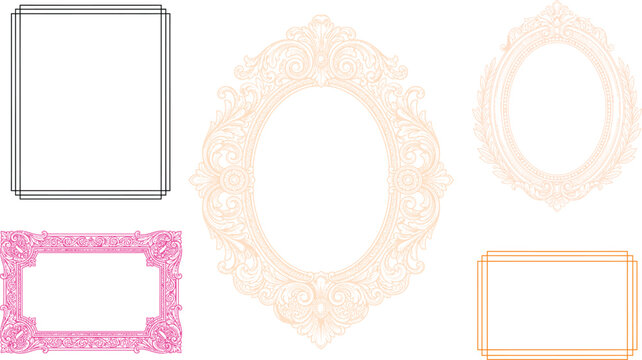 Collection of ornate picture frame in various shape and color, from modern metal to vintage lace-like pattern, perfect for displaying memories.