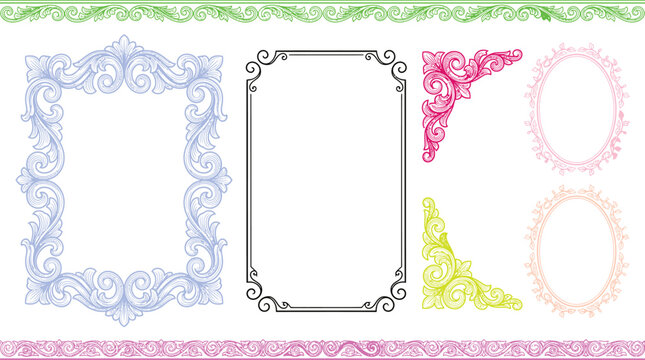 A collection of ornate, decorative frames and borders in various styles and colors, perfect for adding a touch of elegance to designs.