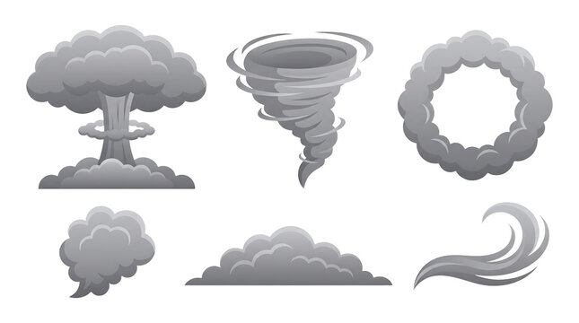 Various cloud formations and weather phenomena in a vector illustration style