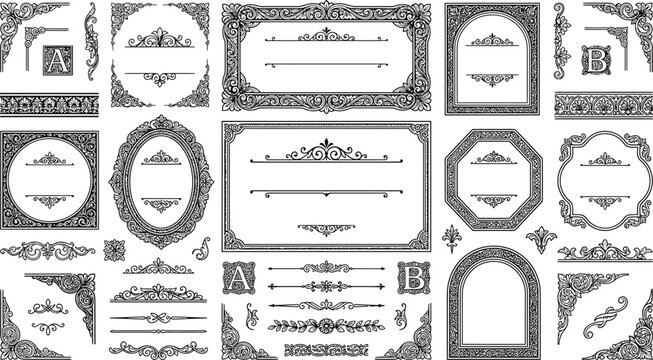 A collection of ornate vintage borders and frames, featuring intricate scrollwork and elegant flourishes, perfect for adding a touch of classic sophistication to any design.