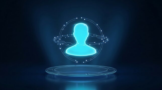 Holographic blue human silhouette with orbiting digital person profile avatar