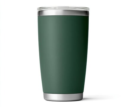 Tall, dark green insulated tumbler with silver rim and base