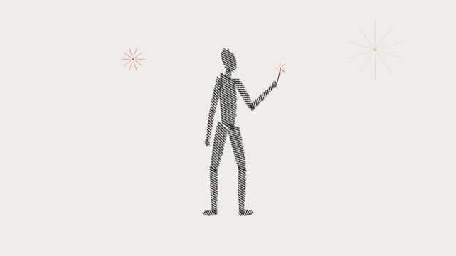 Doodle character waving a bright pyrotechnic stick
