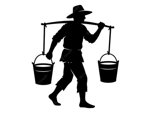 Silhouette of a traditional farmer carrying heavy water buckets on a shoulder yoke pole for irrigation work