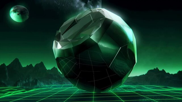 Low-poly digital planet rotates above a glowing wireframe landscape in cosmic space. Technology presentations, digital transformation campaigns, and cybersecurity concepts.