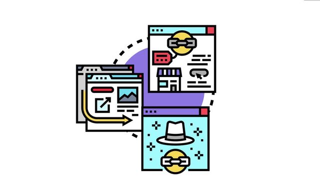 Link building concept showing multiple browser windows exchanging chain links, symbolizing the creation of backlinks for search engine optimization and online marketing strategy