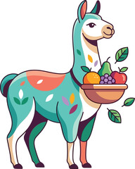 Fototapeta premium Cute cartoon llama holding a bowl of fresh healthy fruits with colorful leaves isolated on a transparent background