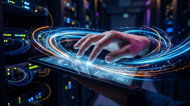 IT professional manages cloud server data via tablet in futuristic facility.