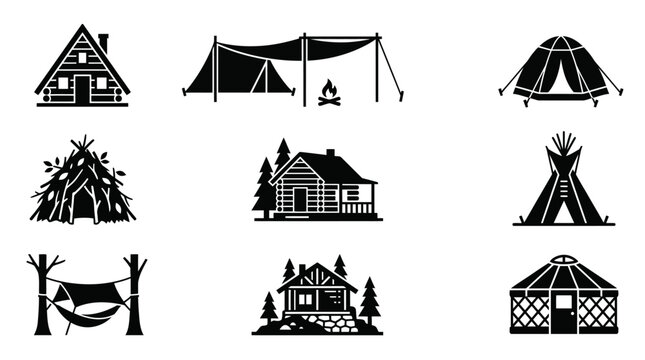 Black and white camping shelter icons.