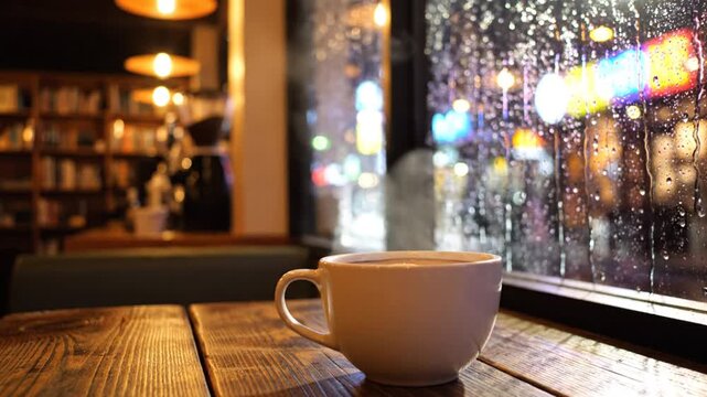 Hot coffee cup on wooden table inside cafe with rainy