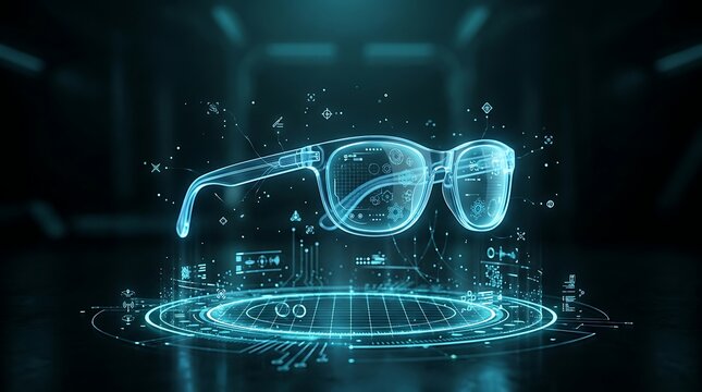 Transparent blue smart glasses hologram with digital interface on a futuristic circular platform