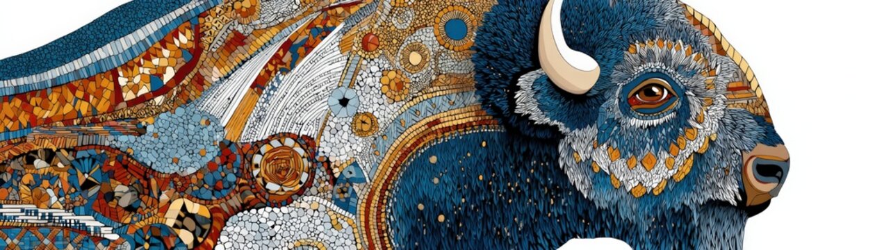 A vibrant mosaic artwork depicts a detailed bison head using colorful tiles in various shapes and patterns.
