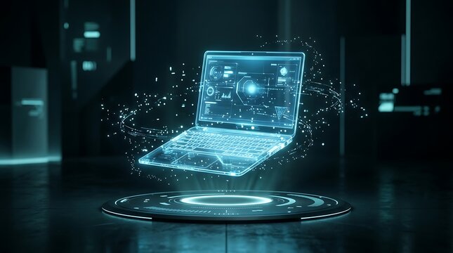 Futuristic holographic laptop displaying glowing blue data analytics on a circular platform in a