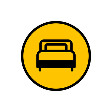 Simple bed icon in a yellow circle, ideal for hotel, accommodation, resort, motel, bedroom, furniture, and travel web interface design.