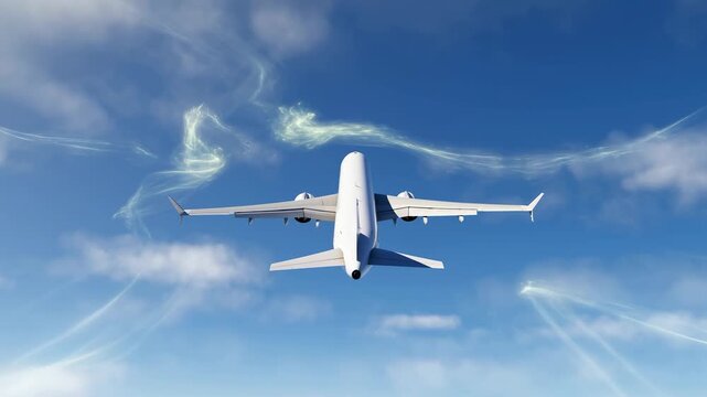 Commercial airplane flies through a blue partly cloudy sky with glowing airflow trails. Aviation presentations, airline travel promotion, and aerospace education.