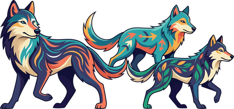 Three colorful artistic wolves walking together with vibrant patterns and creative style in a digital illustration