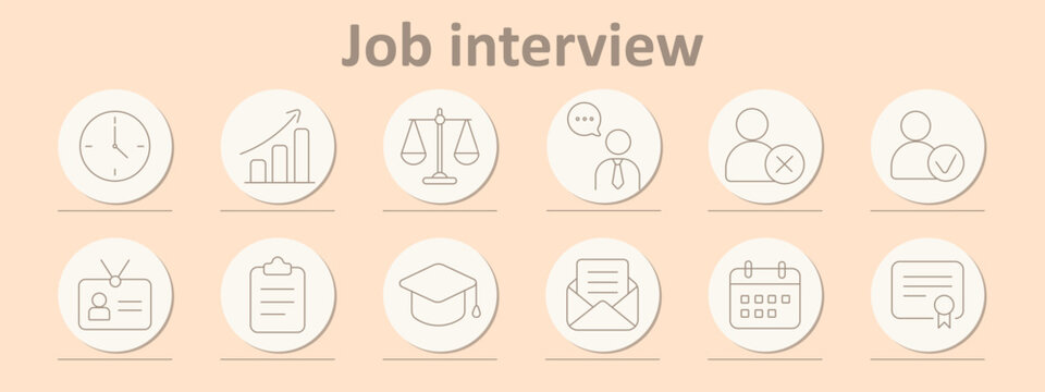 Job interview set icon. Clock face, growth chart, balance scales, talking person, rejected user, approved user, id badge, clipboard board, graduation cap, mail envelope, calendar page, certificate