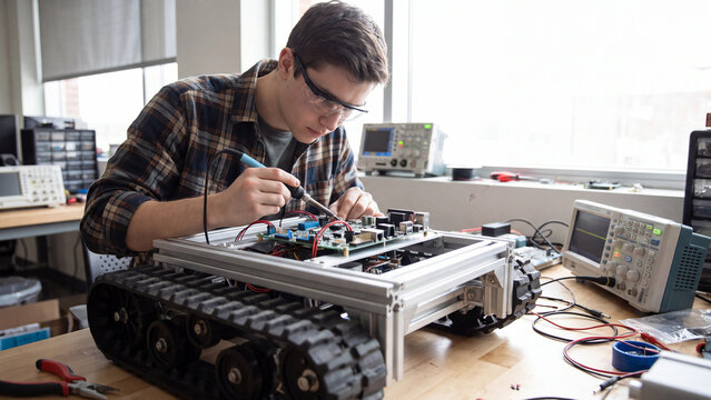 Focused engineering student uses a soldering iron to carefully connect wires on a metallic robotic chassis in a bright workshop