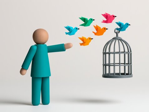Teal Wooden Figure Releasing Colorful Birds from Cage Symbolizing Consumer Confidence and Freedom