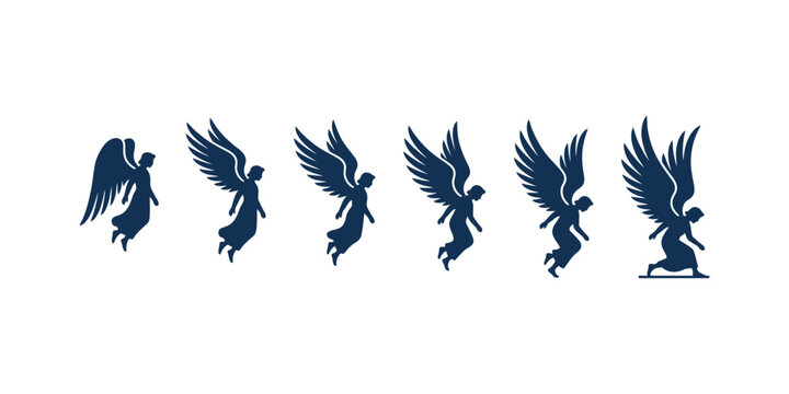 Set of silhouettes showing angel figures in different poses and stages of movement.