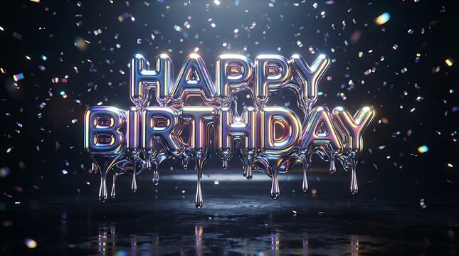 Happy birthday text made of melting metallic chrome balloons