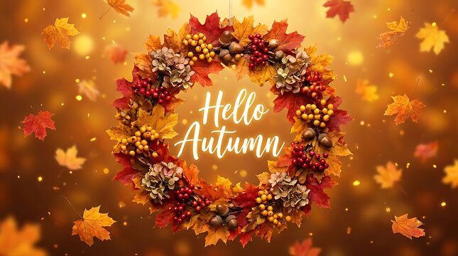 Autumn wreath with hello autumn text and falling leaves