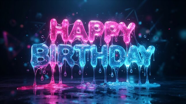 Happy birthday text with neon pink and blue melting slime