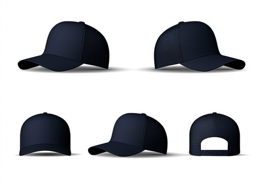 A dark blue baseball cap displayed from multiple angles