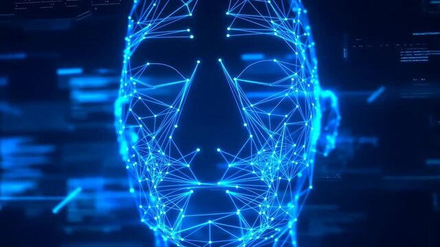 Glowing wireframe human face with connected nodes in a dark digital interface. Artificial intelligence presentations, facial recognition technology campaigns, and cybersecurity marketing.