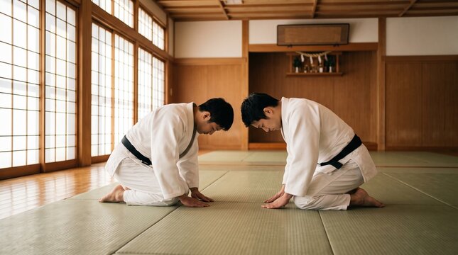 Two judo martial artists in white gi bowing respectfully on tatami mats inside traditional Japanese dojo, representing judo etiquette, martial arts respect, and dojo discipline