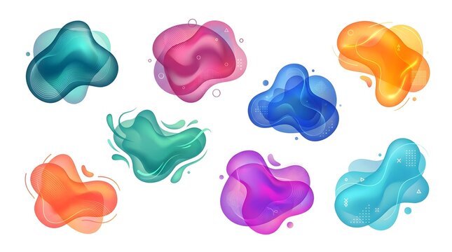 Colorful set of abstract fluid organic shapes with gradients and geometric elements on white banner.