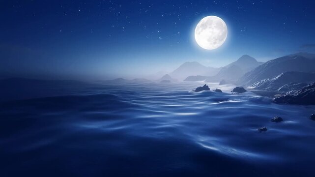 Moonlit ocean waves roll beside a rocky mountain coastline beneath a starry night sky. Sleep and relaxation media, cinematic title, and nature documentaries.