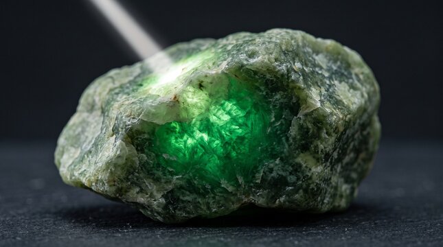 Bright flashlight beam penetrating raw unpolished green jade stone revealing translucent interior, demonstrating gemstone translucency testing, jadeite inspection, and raw mineral value