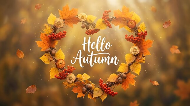 Heart shaped autumn wreath with hello autumn text in golden light
