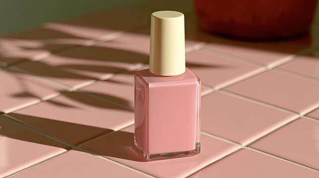 A muted pink nail polish bottle with a cream cap sits on pink tiled surface