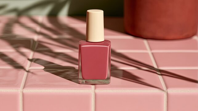 A dusty rose colored nail polish bottle with a cream cap on pink tiles