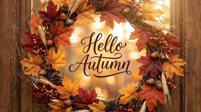 Autumn wreath on a wooden door with hello autumn text