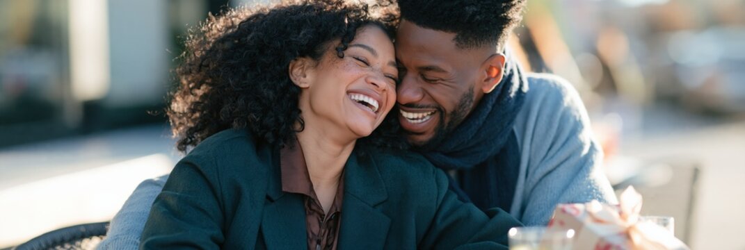 Playful laughing couple cuddling at sunny outdoor cafe for romantic background and lifestyle advertising with candid emotion