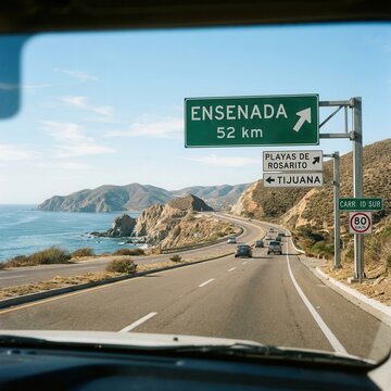 Scenic Coastal Highway Drive Towards Ensenada Mexico View From Car