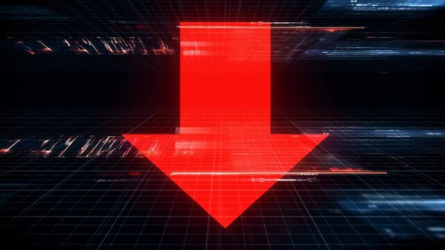 Glowing red downward arrow pulses over a dark digital grid with scan lines and glitch effects. Download button, website interface design, and software presentation.