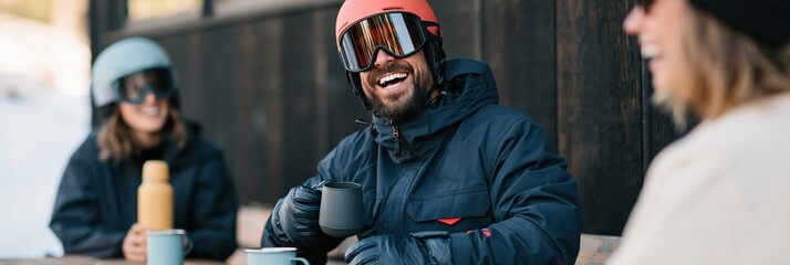 Obraz premium Male skier laughing at outdoor lodge table with friends holding mugs for après ski winter background and lifestyle