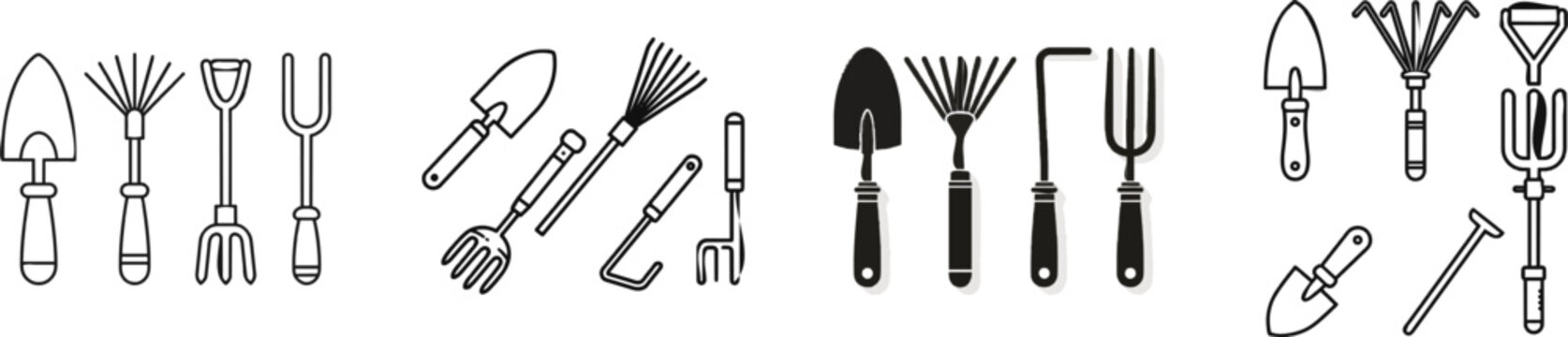 A minimalist black and white vector icon set of essential hand garden tools includes a trowel, hand rake, cultivator, and transplanter, all depicted with simple lines against a pure white background