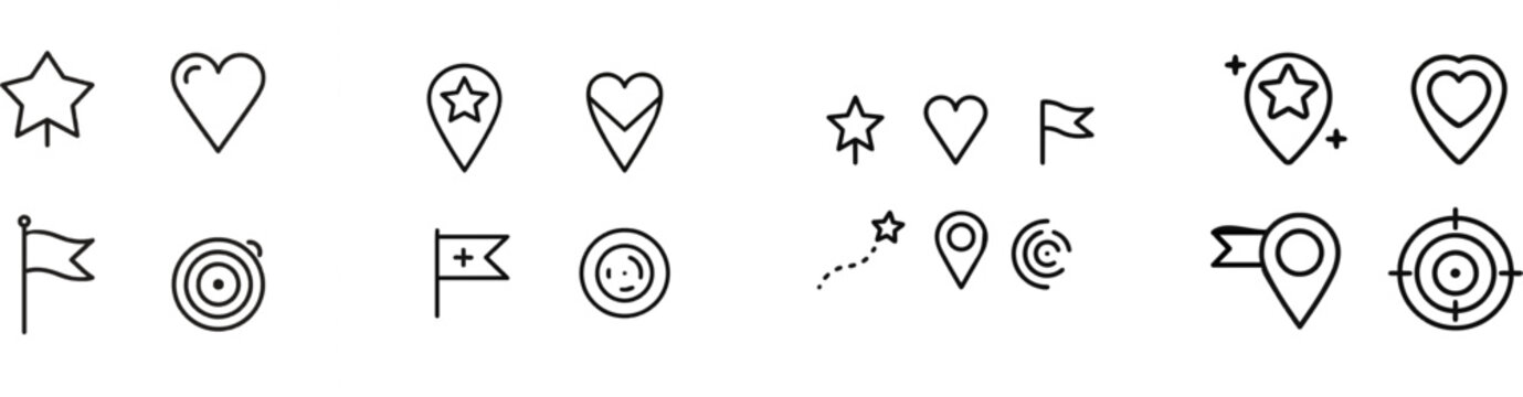 A clean, minimalist set of location pins featuring a star, heart, route flag, and radar pulse icons against a white background